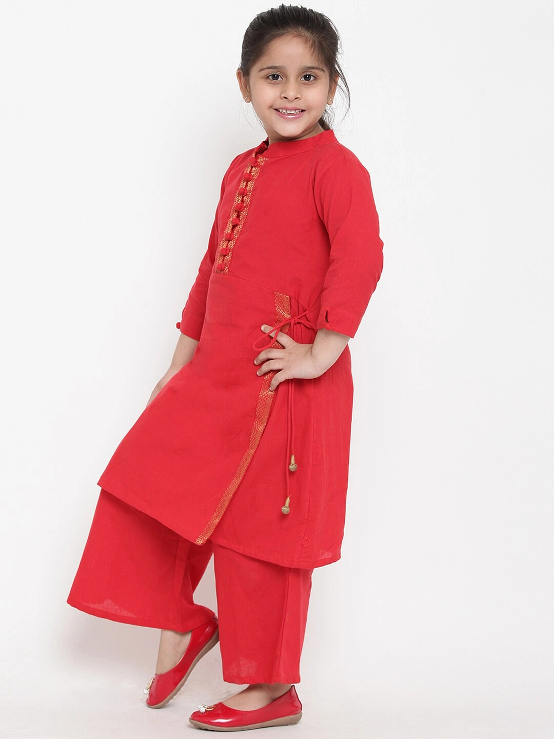 Bitiya by Bhama Girls Red Solid Kurta with Palazzos-4-5Y-1