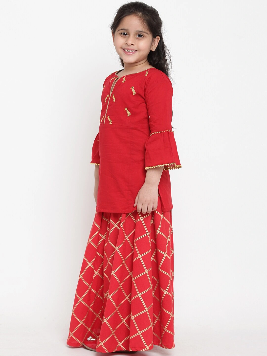 Bitiya by Bhama Girls Red &amp; Gold-Toned Embroidered Kurta with Skirt-6-7Y-1