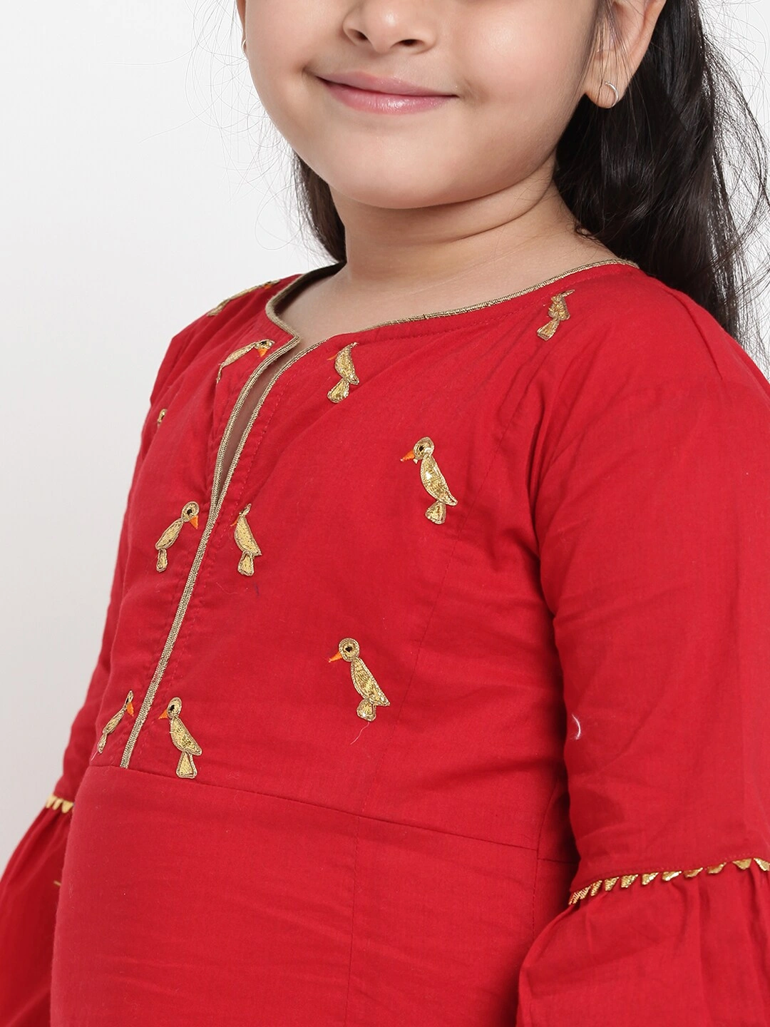 Bitiya by Bhama Girls Red &amp; Gold-Toned Embroidered Kurta with Skirt-6-7Y-4