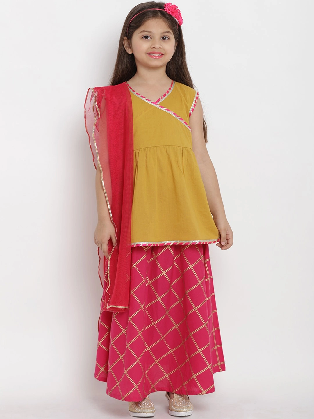 Bitiya by Bhama Girls Mustard Yellow &amp; Red Solid Kurta with Skirt &amp; Dupatta-BBT131_4-5Y