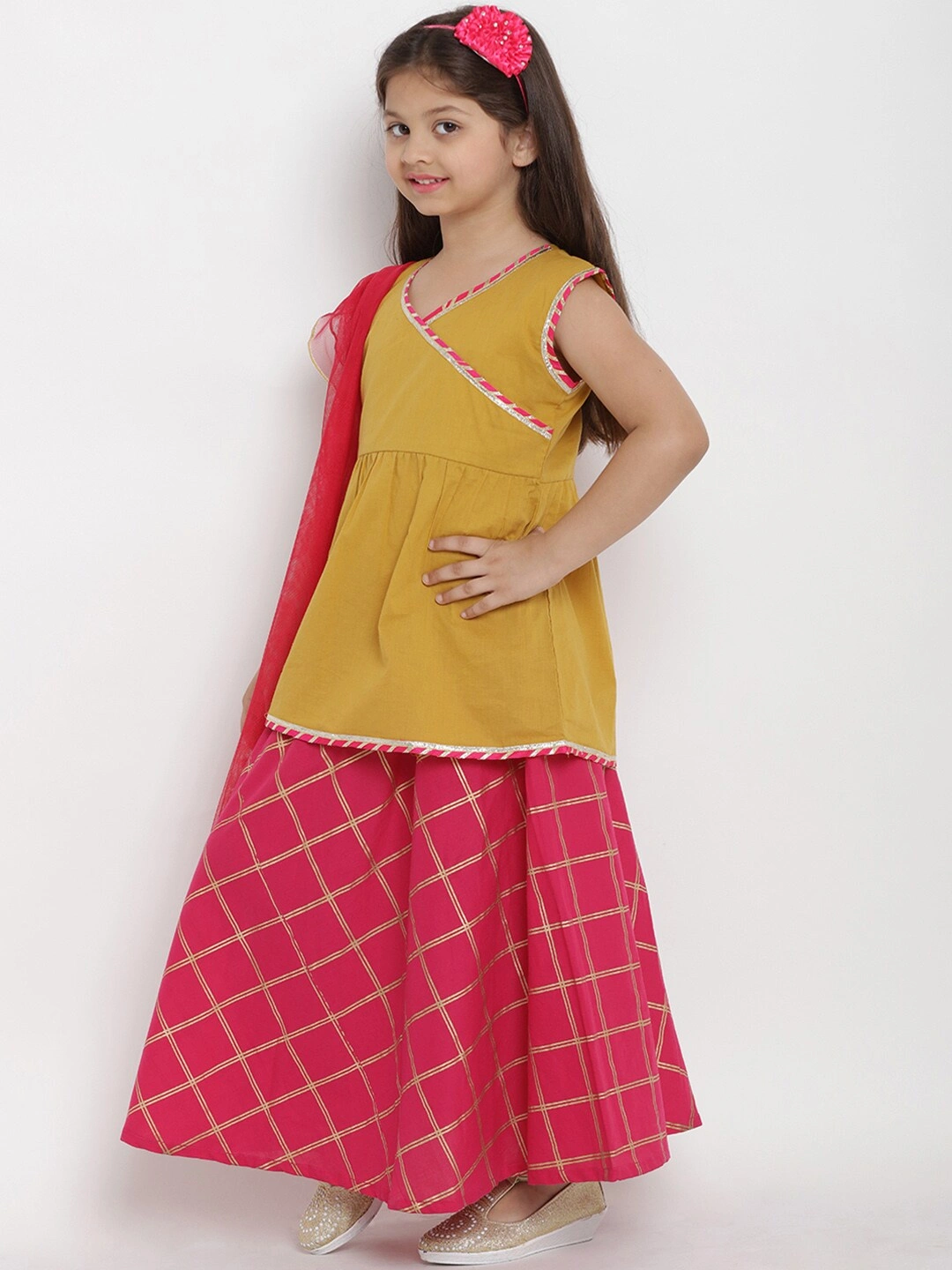 Bitiya by Bhama Girls Mustard Yellow &amp; Red Solid Kurta with Skirt &amp; Dupatta-4-5Y-1