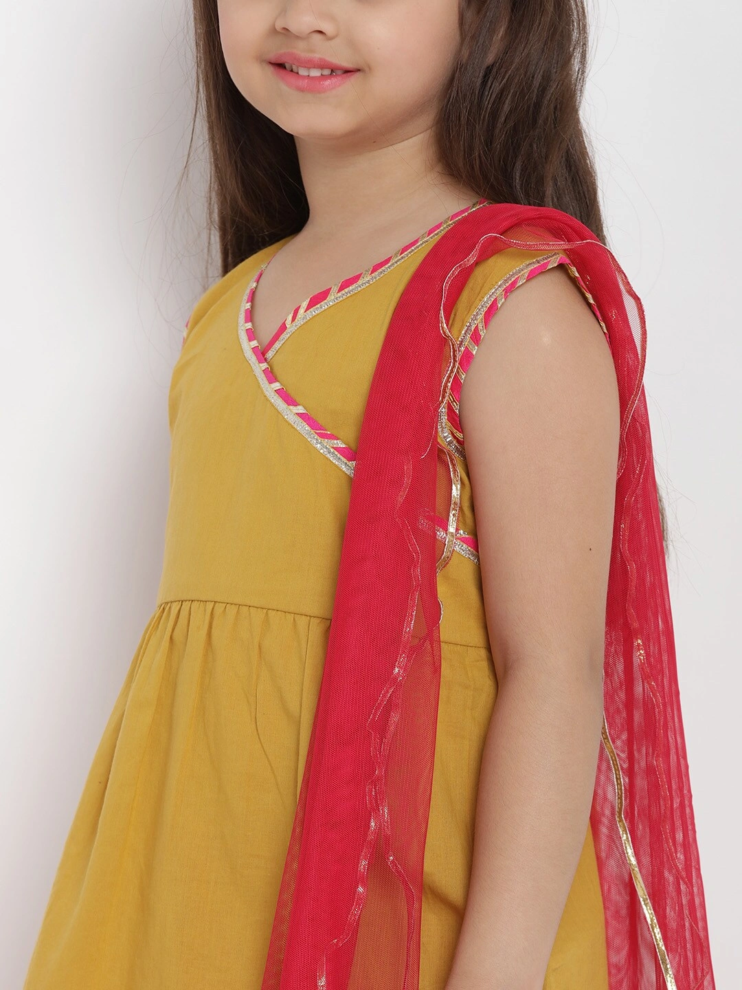 Bitiya by Bhama Girls Mustard Yellow &amp; Red Solid Kurta with Skirt &amp; Dupatta-4-5Y-3