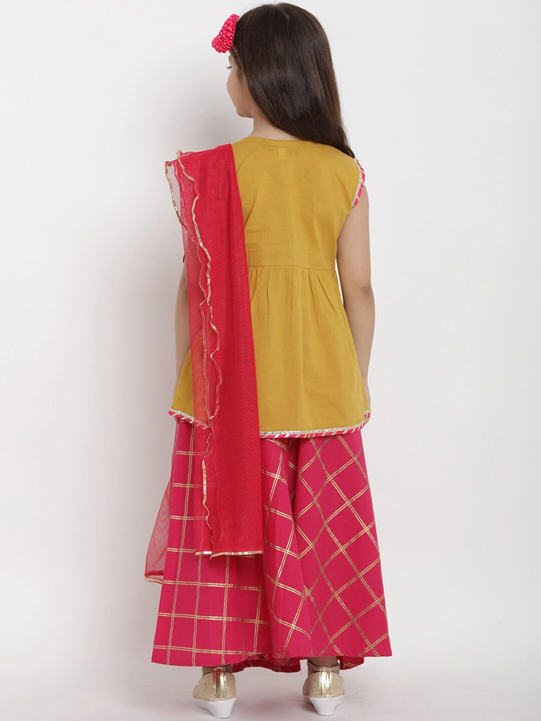 Bitiya by Bhama Girls Mustard Yellow &amp; Red Solid Kurta with Skirt &amp; Dupatta-5-6Y-2