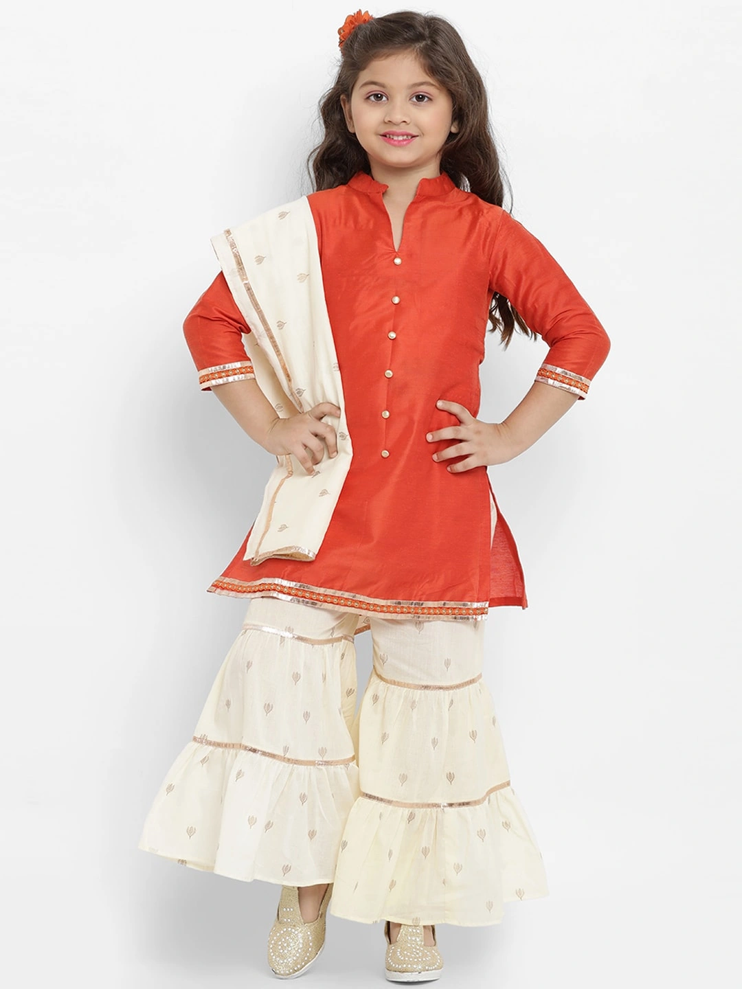 Bitiya by Bhama Girls Orange &amp; Beige Solid Kurta with Palazzos &amp; Dupatta-BBT137_3-4Y