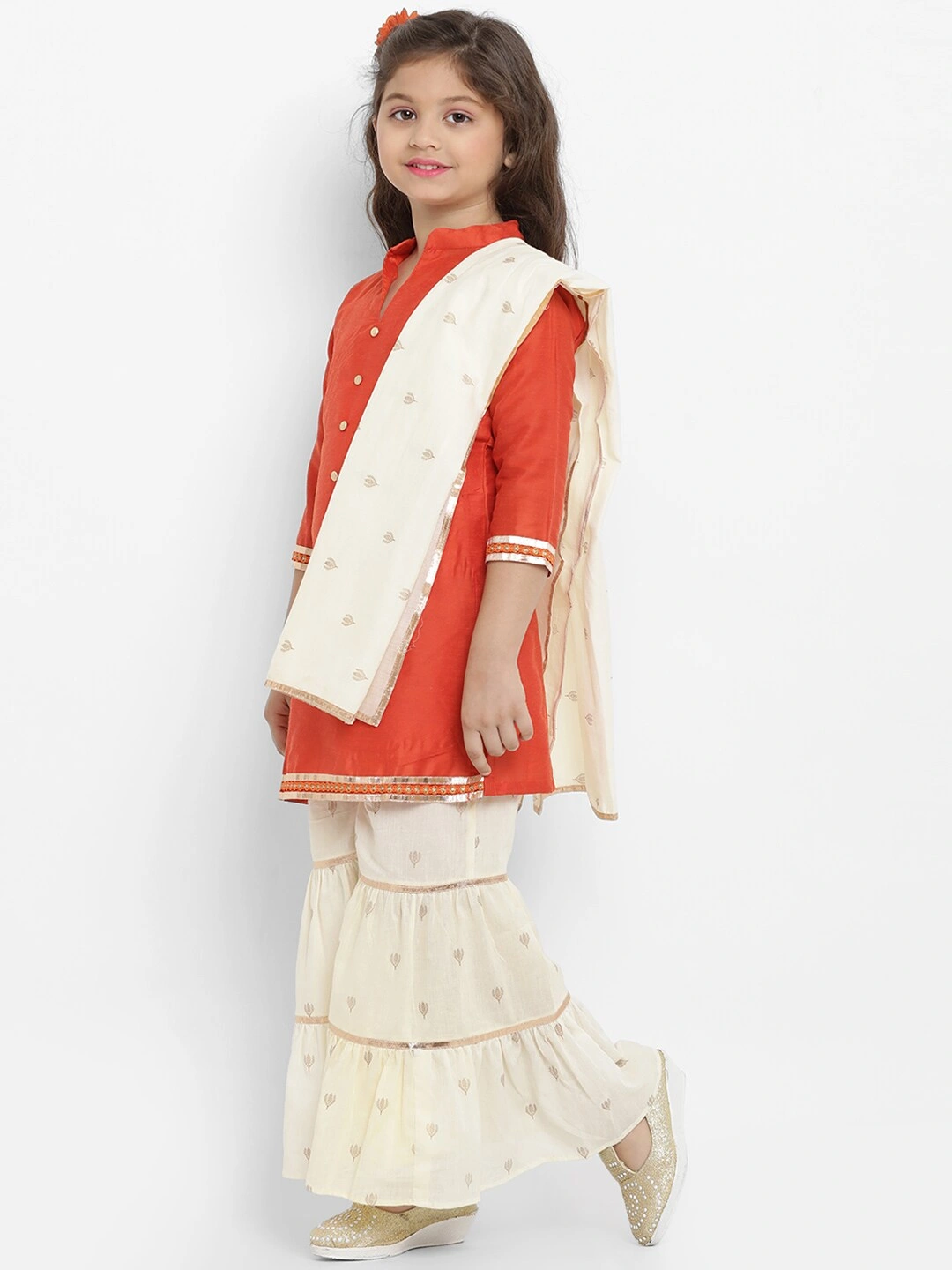 Bitiya by Bhama Girls Orange &amp; Beige Solid Kurta with Palazzos &amp; Dupatta-3-4Y-1