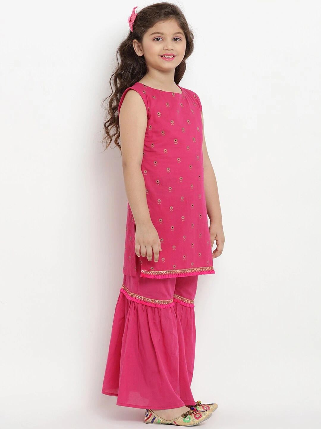 Bitiya by Bhama Girls Fuchsia Printed Kurta with Sharara &amp; Dupatta-3-4Y-1