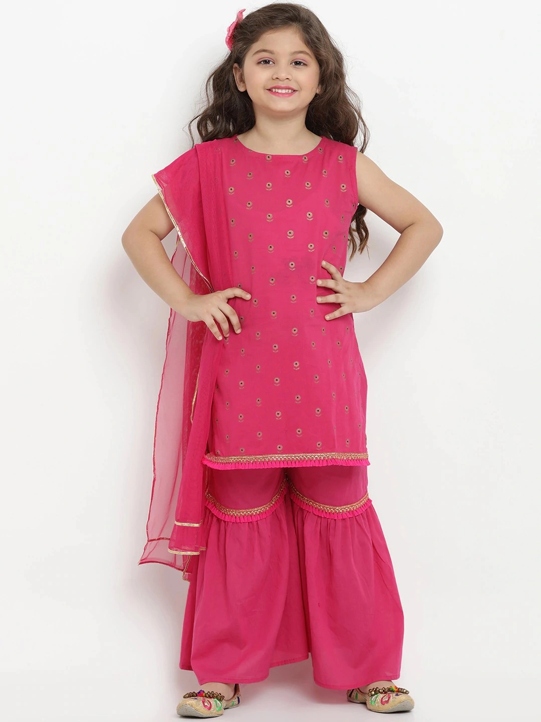 Bitiya by Bhama Girls Fuchsia Printed Kurta with Sharara &amp; Dupatta-BBT139_4-5Y