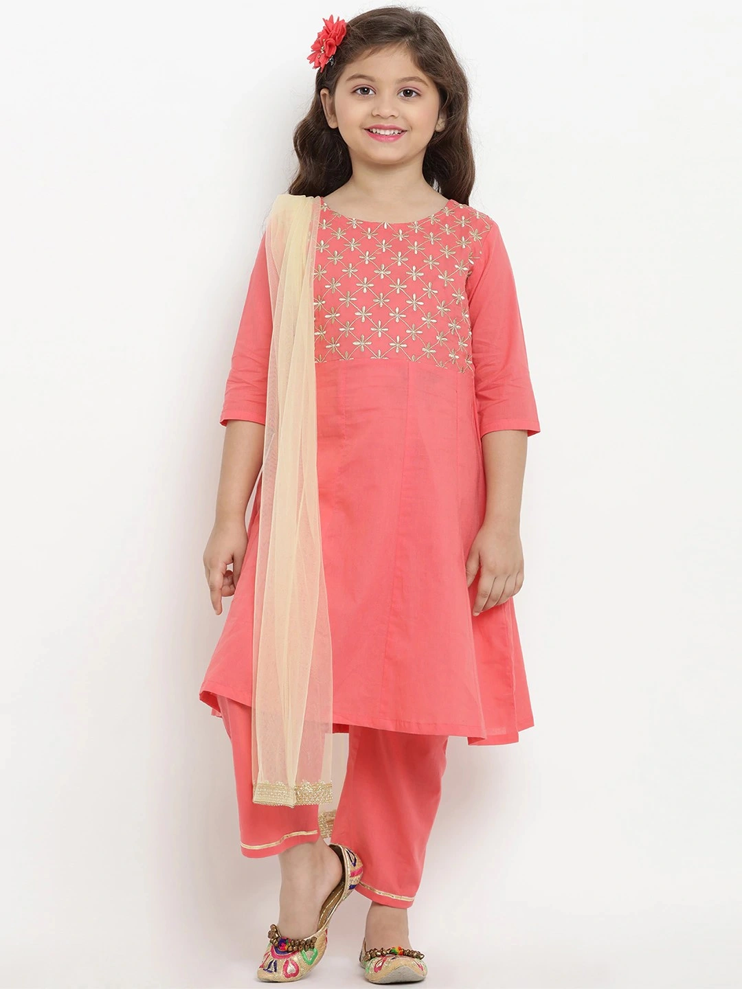 Bitiya by Bhama Girls Peach-Coloured Embroidered Kurta with Trousers &amp; Dupatta-BBT142_3-4Y