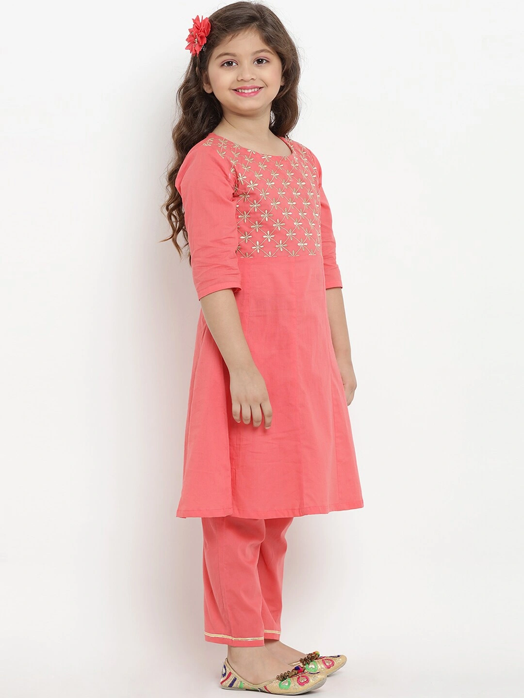 Bitiya by Bhama Girls Peach-Coloured Embroidered Kurta with Trousers &amp; Dupatta-3-4Y-1