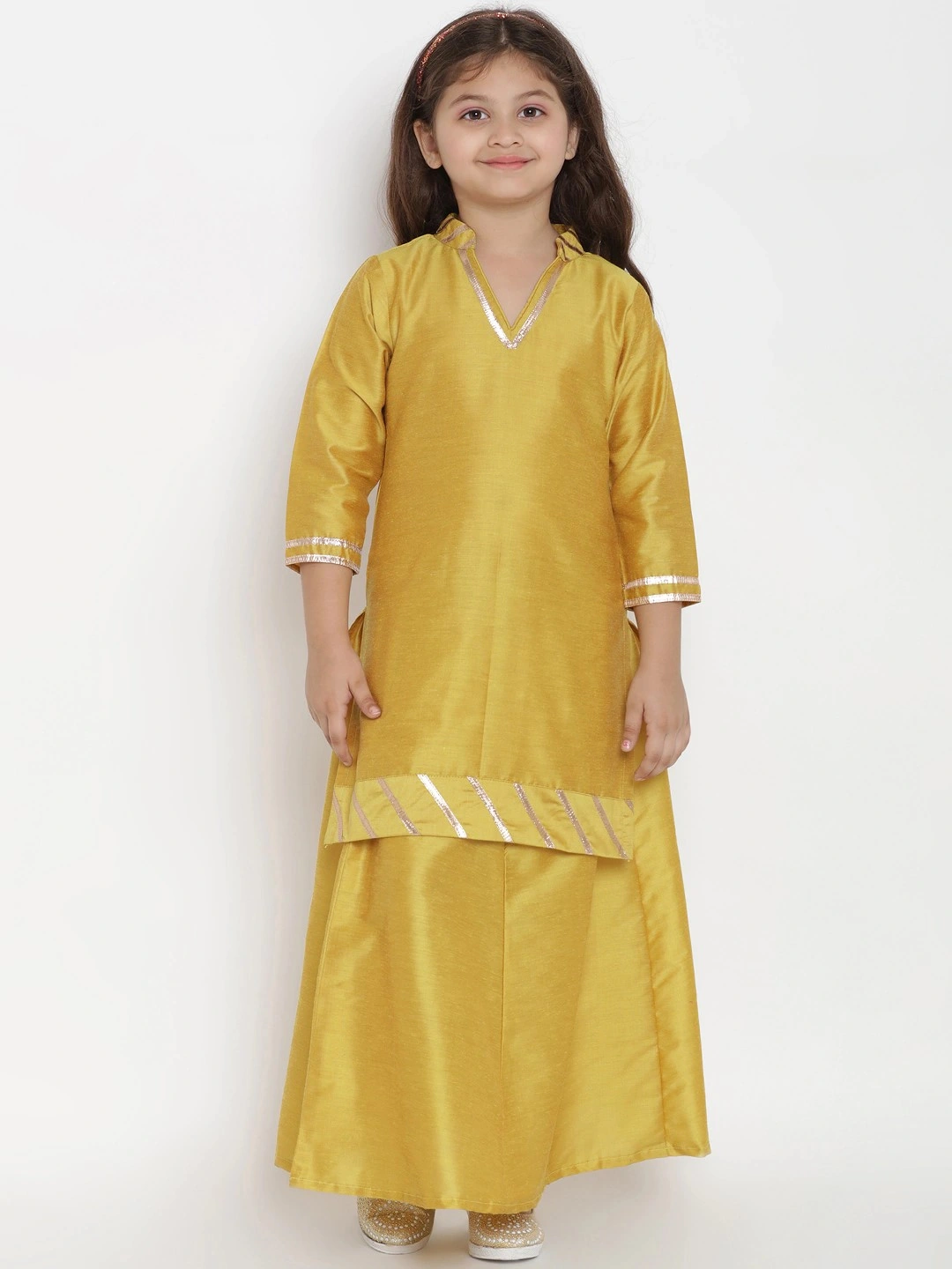 Bitiya by Bhama Girls Mustard Yellow Solid Silk Kurta with Skirt-BBT143_4-5Y