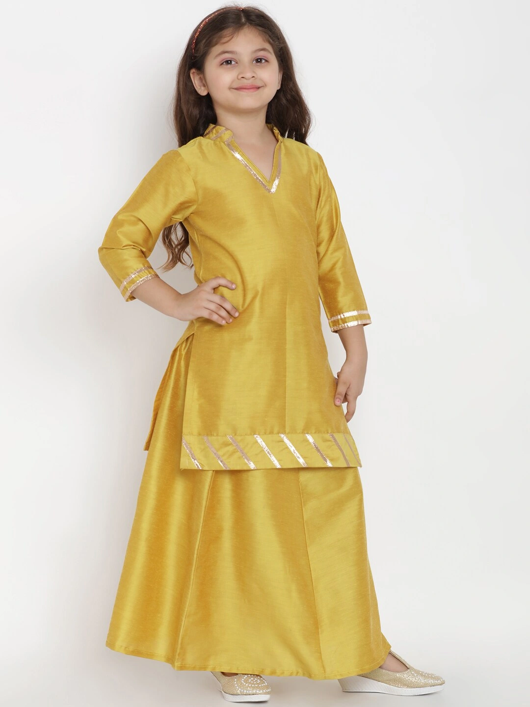 Bitiya by Bhama Girls Mustard Yellow Solid Silk Kurta with Skirt-4-5Y-2