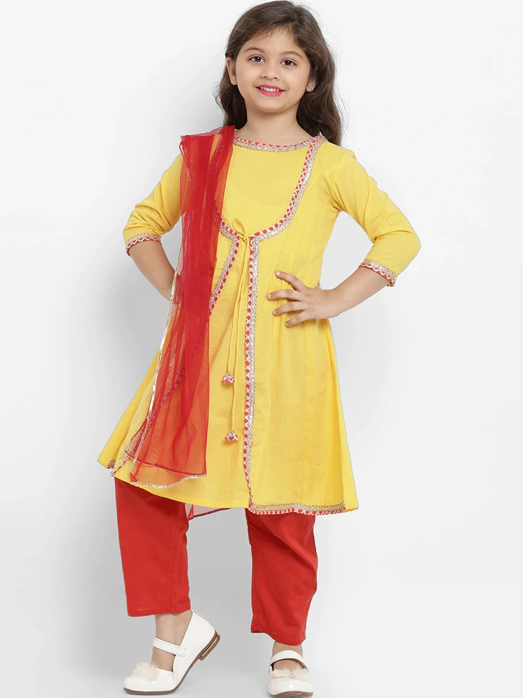 Bitiya by Bhama Girls Yellow &amp; Red Solid Kurta with Pyjamas &amp; Dupatta-BBT144_3-4Y