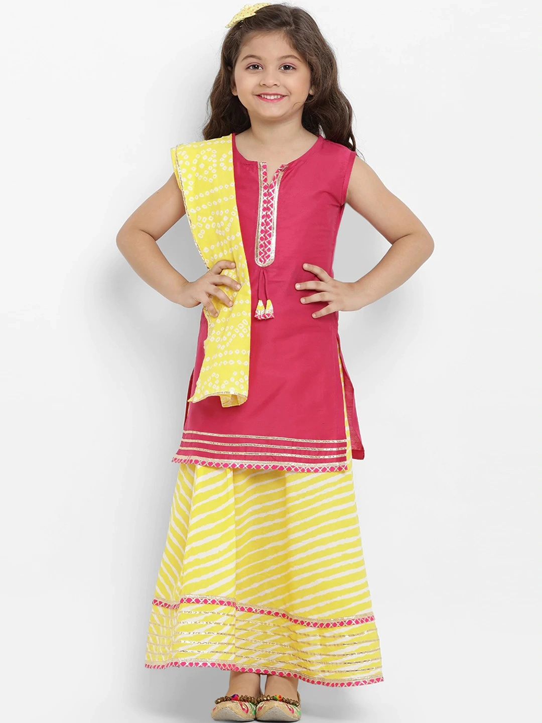 Bitiya by Bhama Girls Pink &amp; Yellow Solid Kurta with Skirt &amp; Dupatta-BBT147_3-4Y