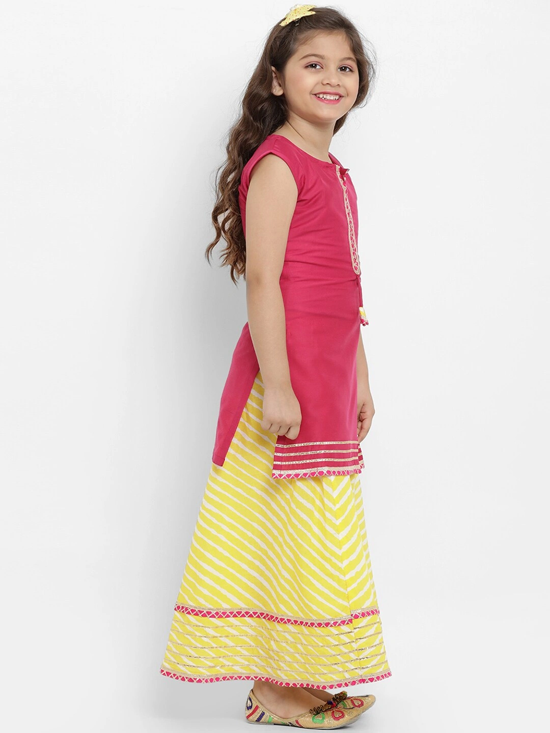 Bitiya by Bhama Girls Pink &amp; Yellow Solid Kurta with Skirt &amp; Dupatta-3-4Y-1