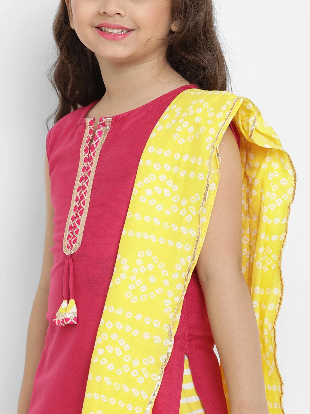 Bitiya by Bhama Girls Pink &amp; Yellow Solid Kurta with Skirt &amp; Dupatta-3-4Y-3