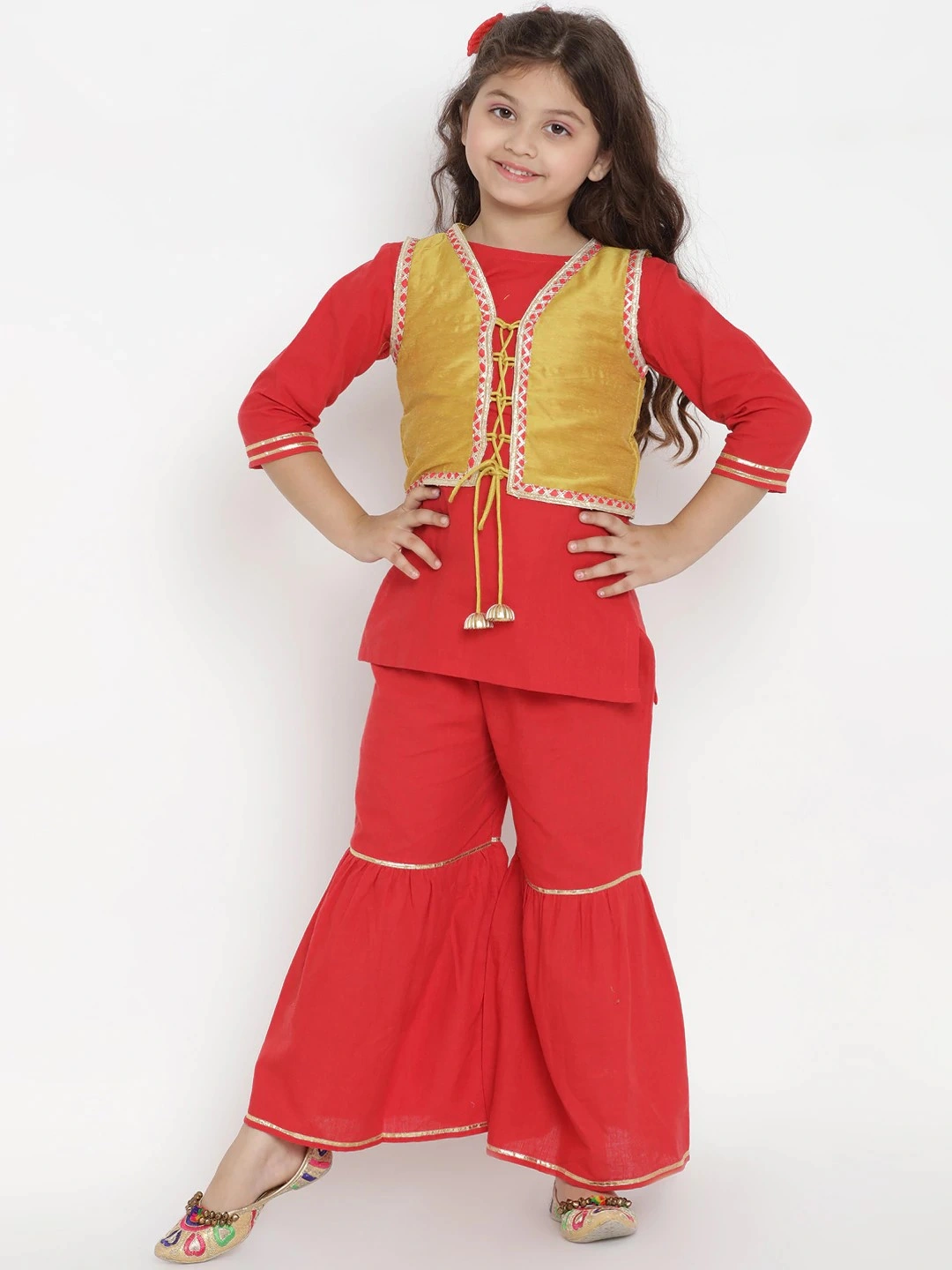 Bitiya by Bhama Girls Red Solid Kurta with Sharara-BBT156_3-4Y