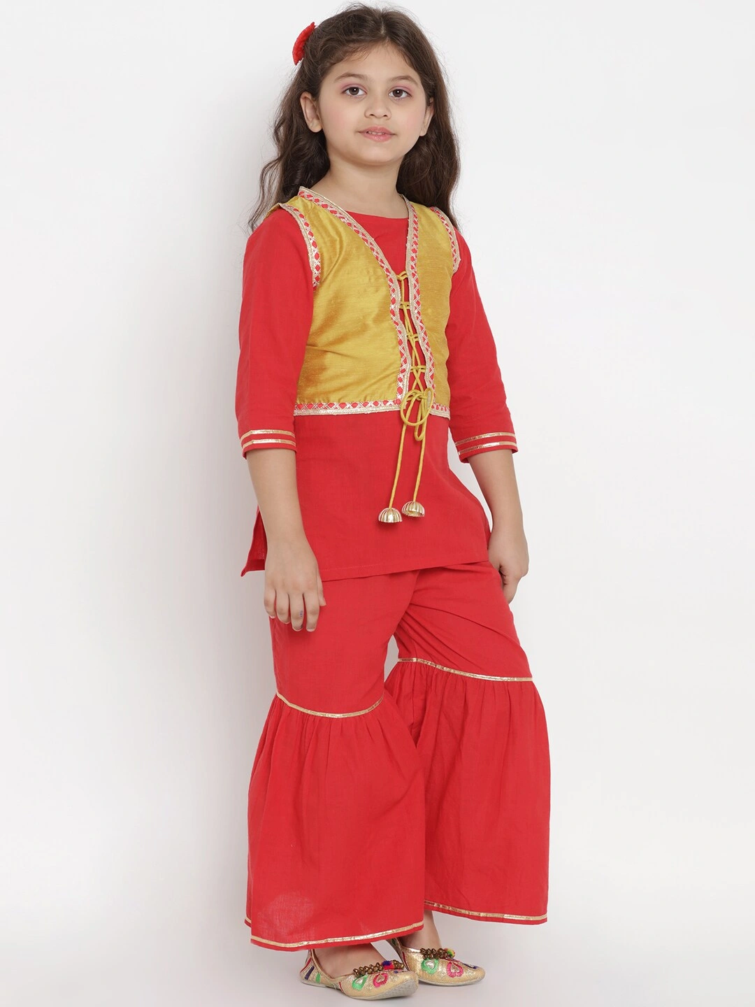 Bitiya by Bhama Girls Red Solid Kurta with Sharara-3-4Y-1