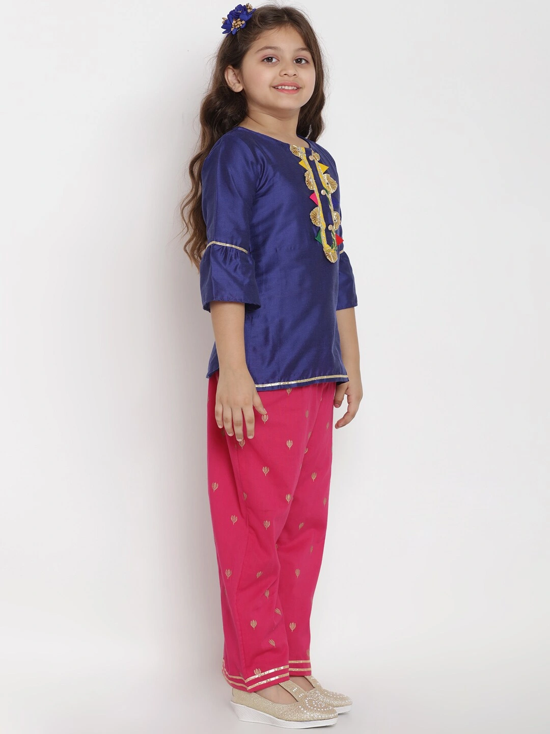 Bitiya by Bhama Girls Blue &amp; Pink Solid Kurta with Pyjamas &amp; Dupatta-3-4Y-1