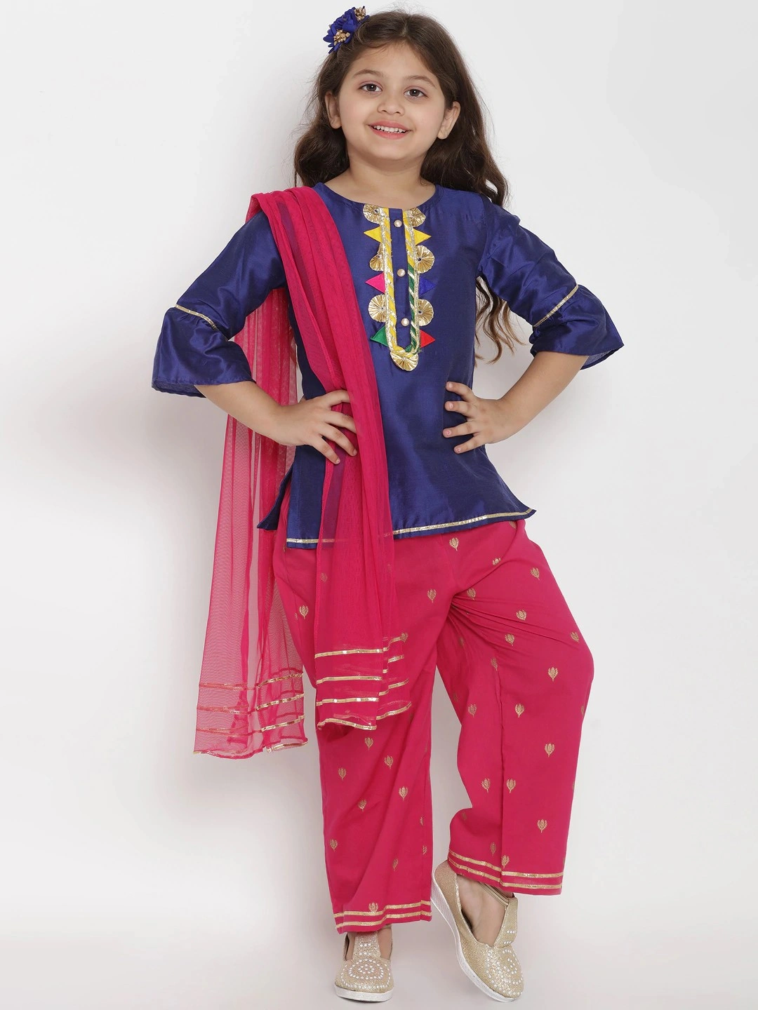 Bitiya by Bhama Girls Blue &amp; Pink Solid Kurta with Pyjamas &amp; Dupatta-BBT158_4-5Y