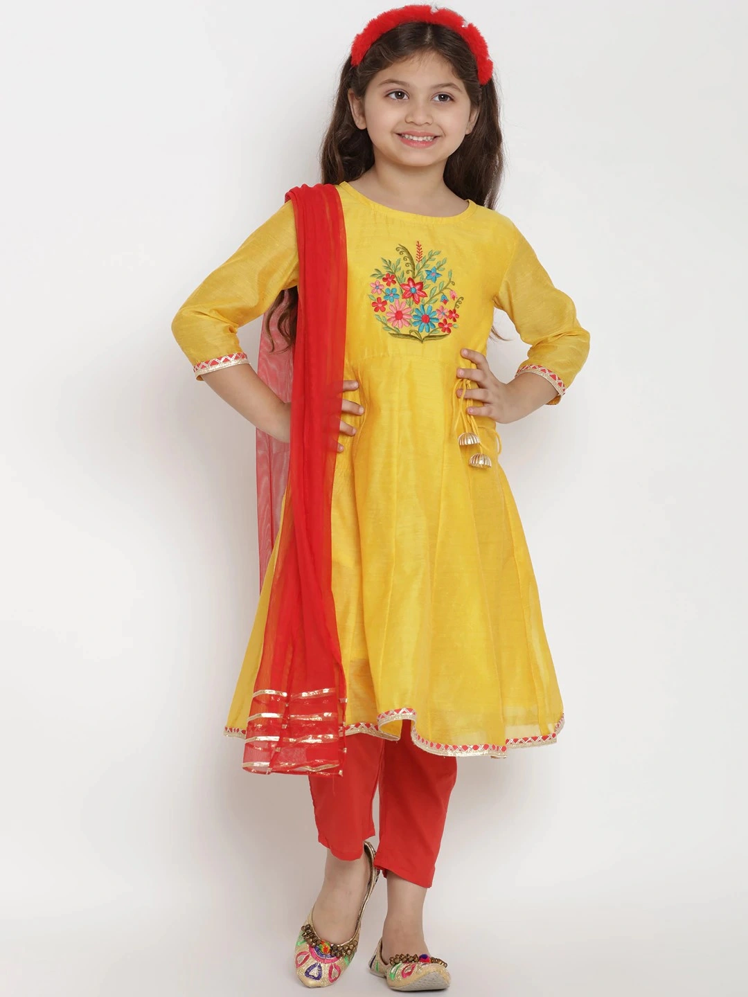 Bitiya by Bhama Girls Yellow &amp; Red Embroidered Kurta with Pyjamas &amp; Dupatta-BBT161_3-4Y