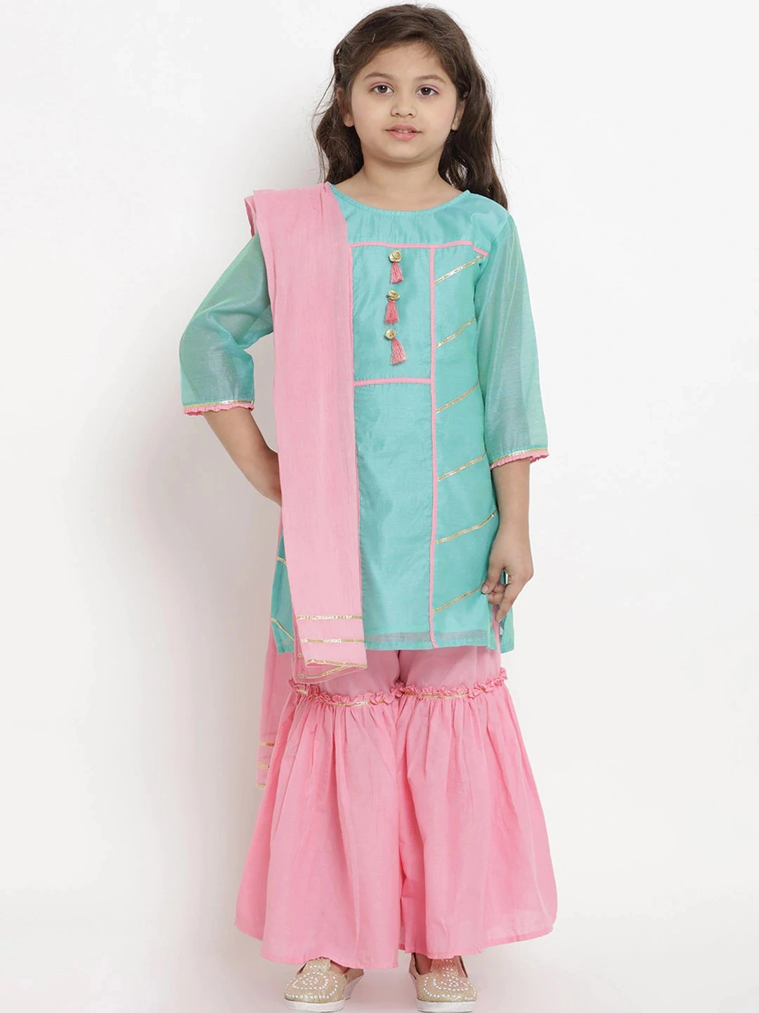 Bitiya by Bhama Girls Sea Green &amp; Pink Solid Kurta with Sharara &amp; Dupatta-BBT167_3-4Y