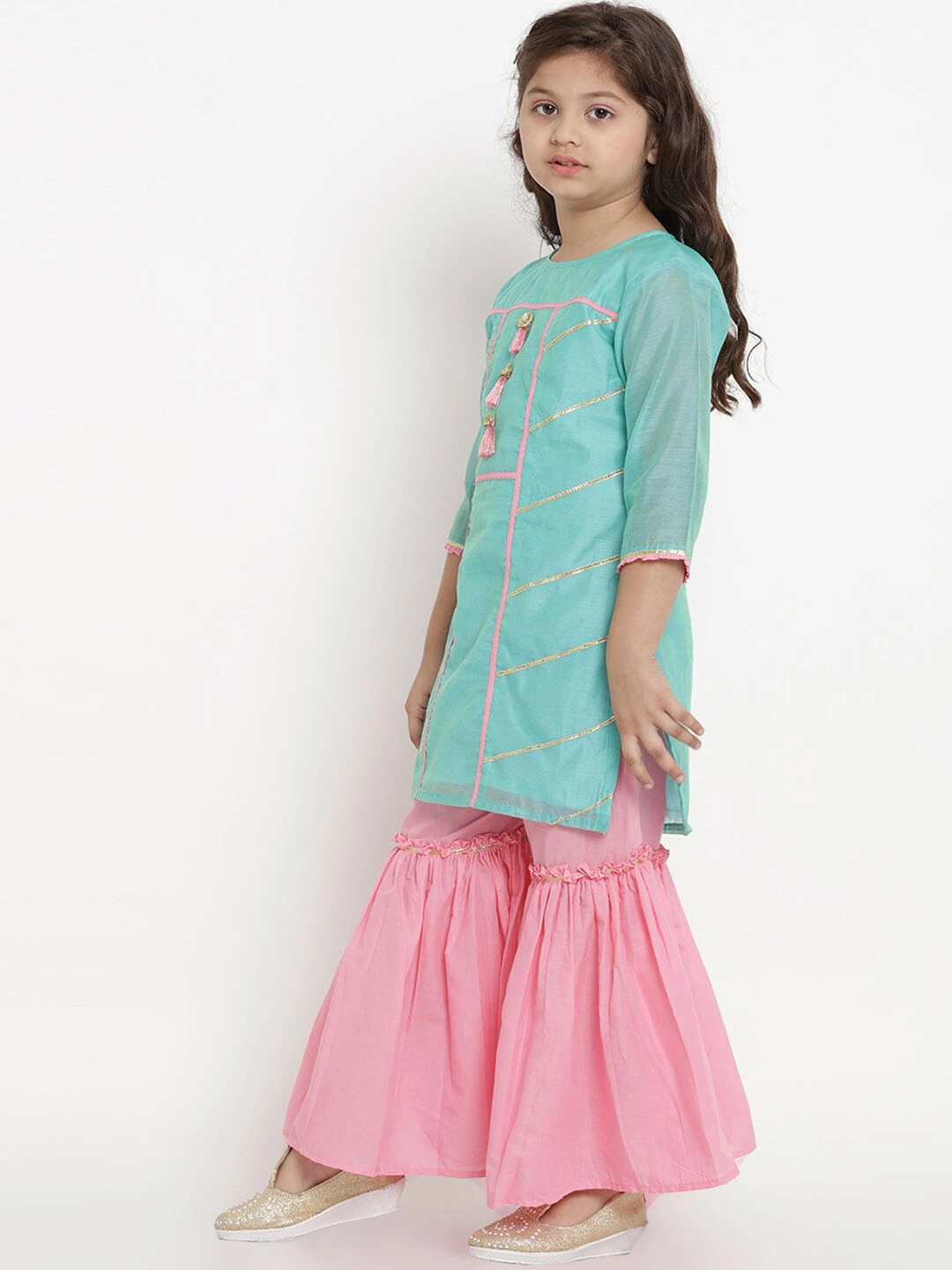 Bitiya by Bhama Girls Sea Green &amp; Pink Solid Kurta with Sharara &amp; Dupatta-3-4Y-1