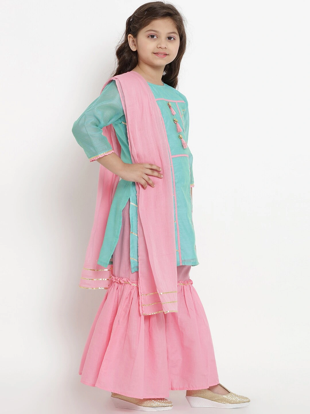 Bitiya by Bhama Girls Sea Green &amp; Pink Solid Kurta with Sharara &amp; Dupatta-3-4Y-2