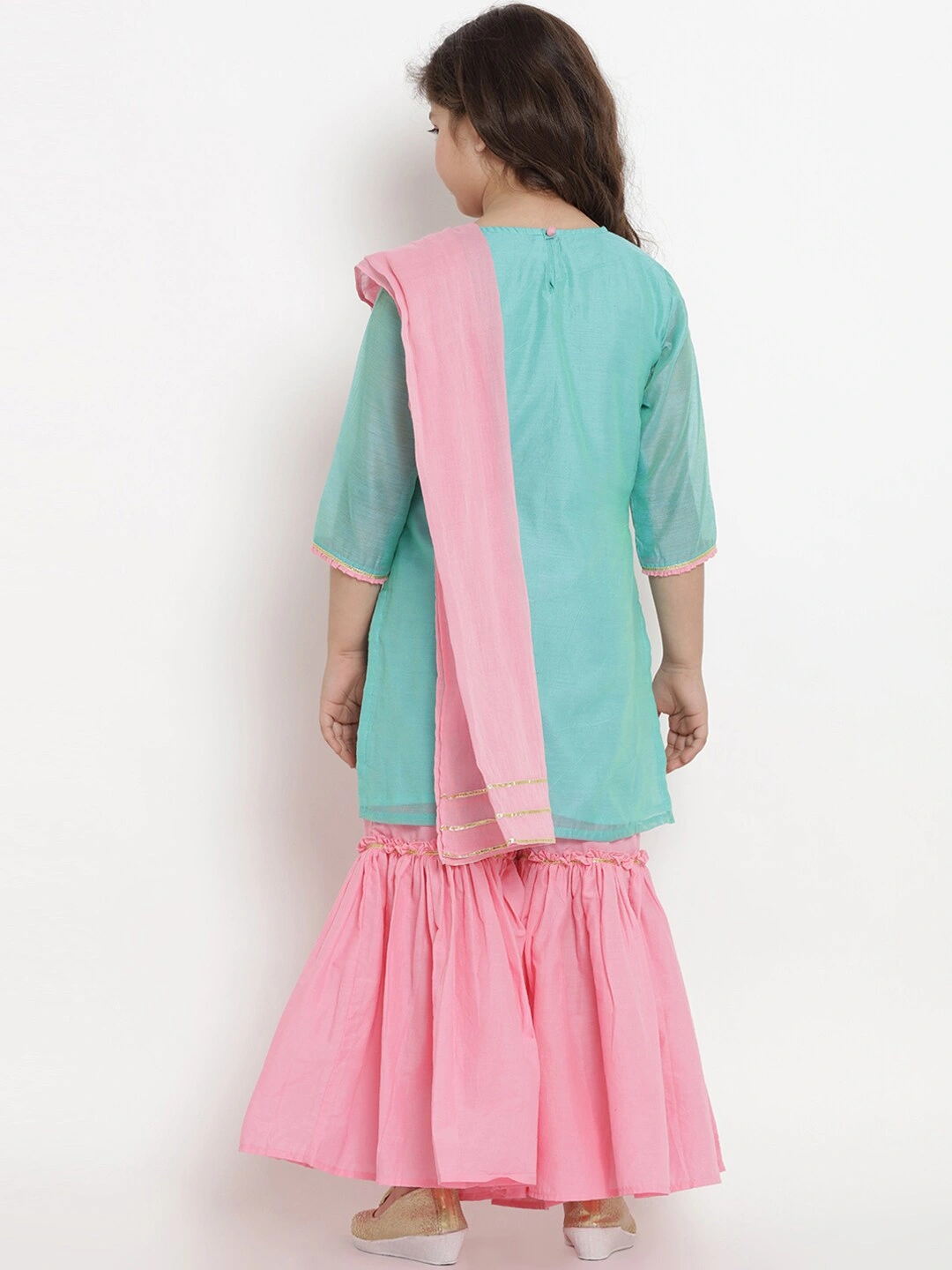 Bitiya by Bhama Girls Sea Green &amp; Pink Solid Kurta with Sharara &amp; Dupatta-3-4Y-3