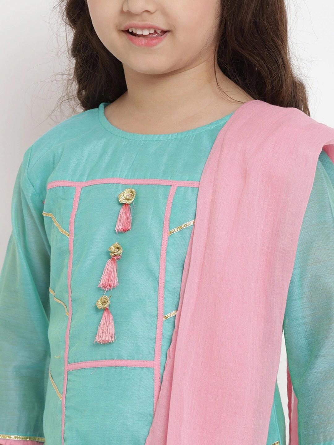 Bitiya by Bhama Girls Sea Green &amp; Pink Solid Kurta with Sharara &amp; Dupatta-3-4Y-4