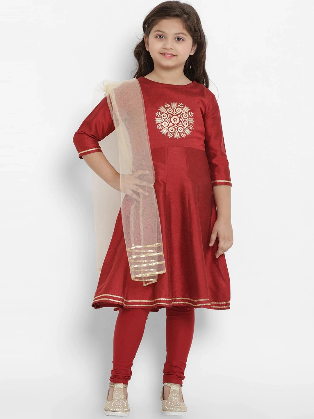 Bitiya by Bhama Girls Maroon &amp; Beige Embroidered Kurtwith Churidar &amp; Dupatta-BBT172_3-4Y