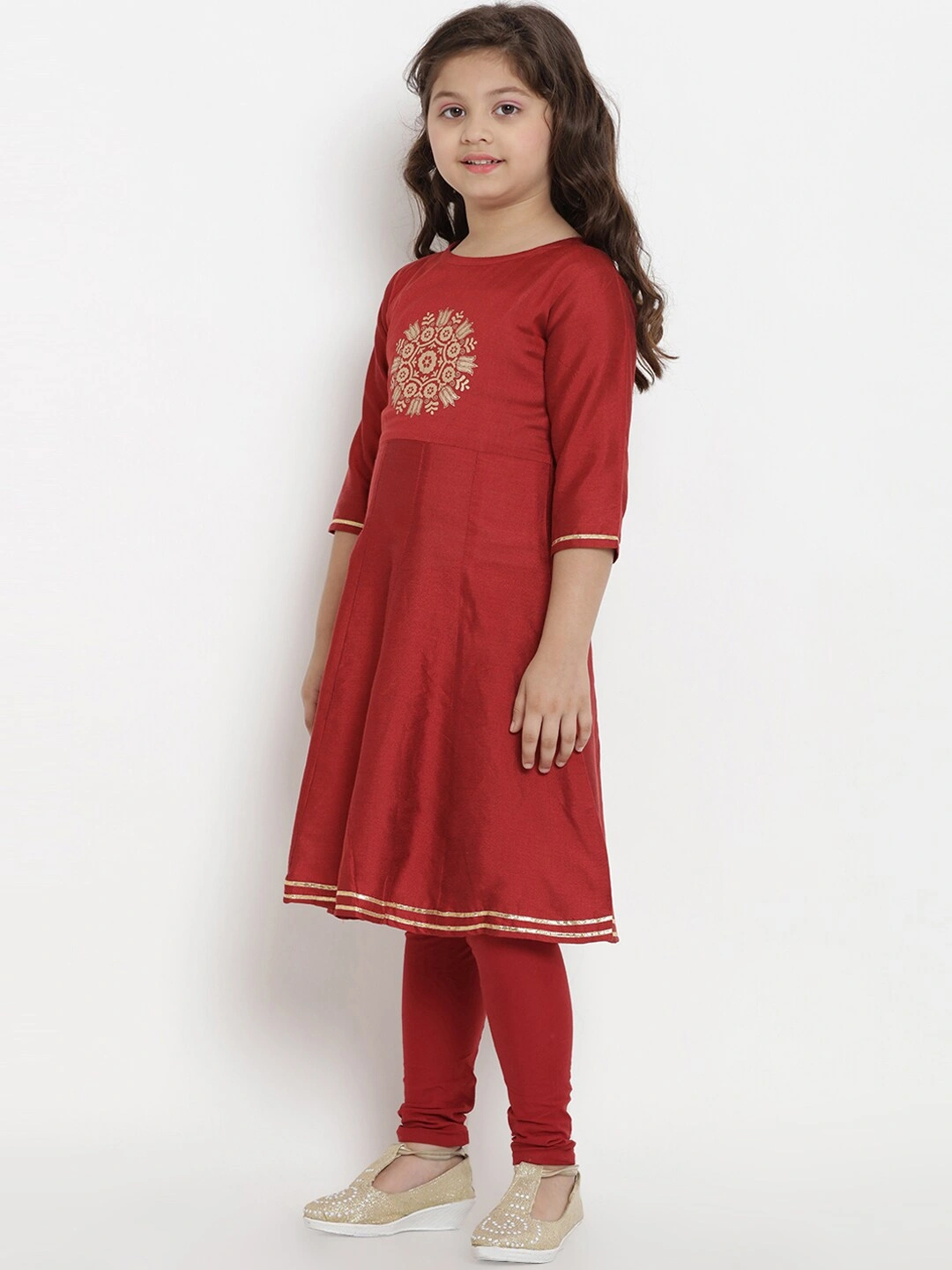 Bitiya by Bhama Girls Maroon &amp; Beige Embroidered Kurtwith Churidar &amp; Dupatta-3-4Y-1