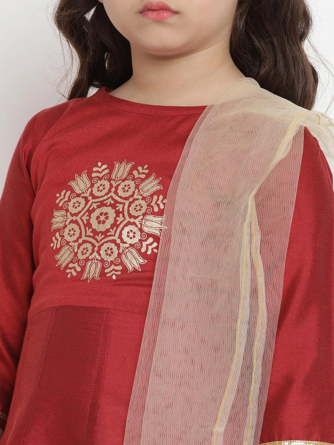 Bitiya by Bhama Girls Maroon &amp; Beige Embroidered Kurtwith Churidar &amp; Dupatta-3-4Y-4