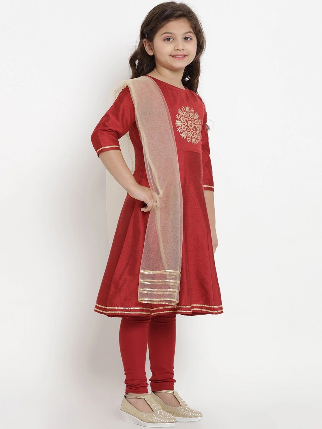 Bitiya by Bhama Girls Maroon &amp; Beige Embroidered Kurtwith Churidar &amp; Dupatta-4-5Y-2