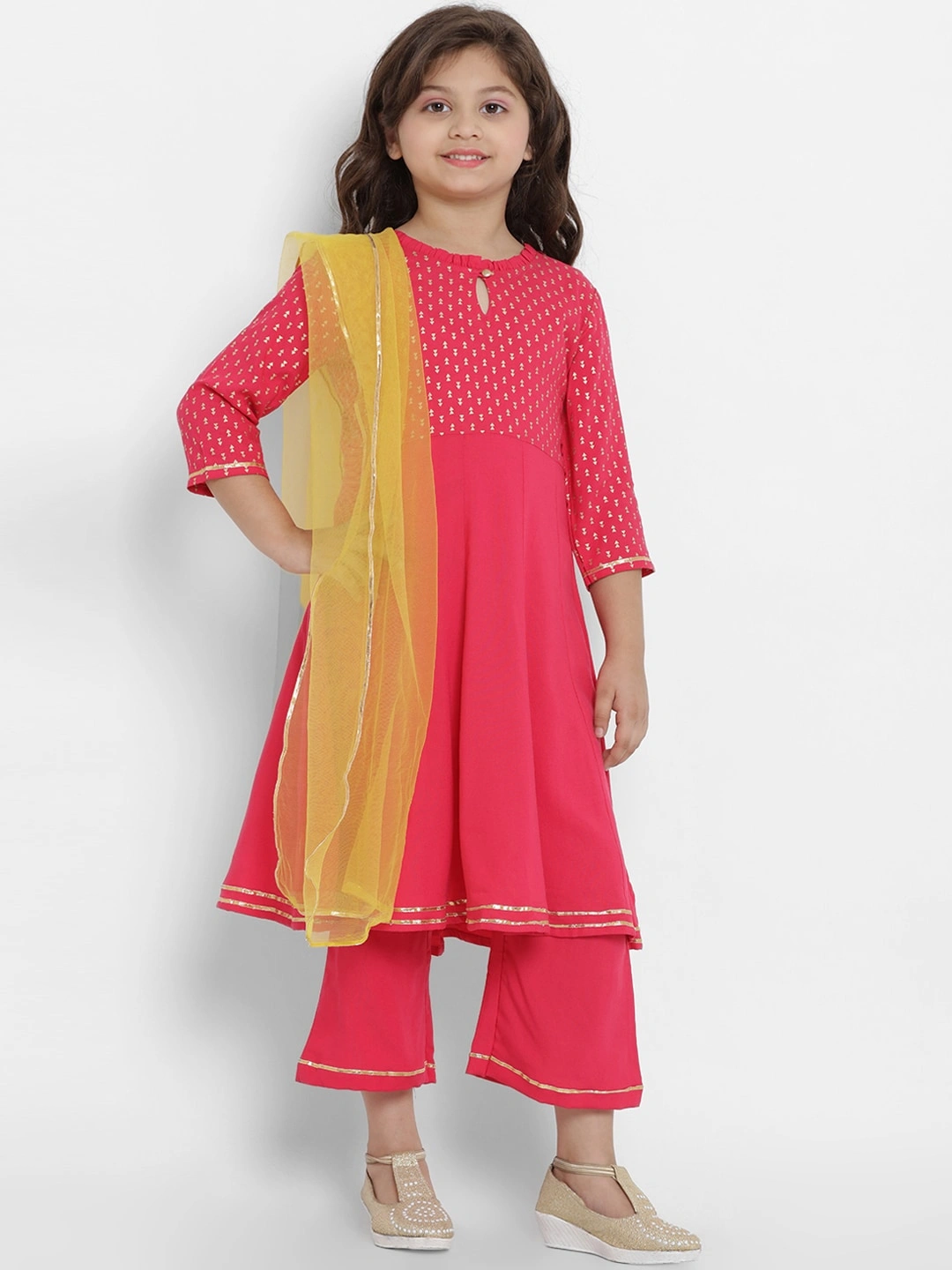 Bitiya by Bhama Girls Fuchsia Pink &amp; Yellow Printed Kurta with Palazzos &amp; Dupatta-BBT177_3-4Y