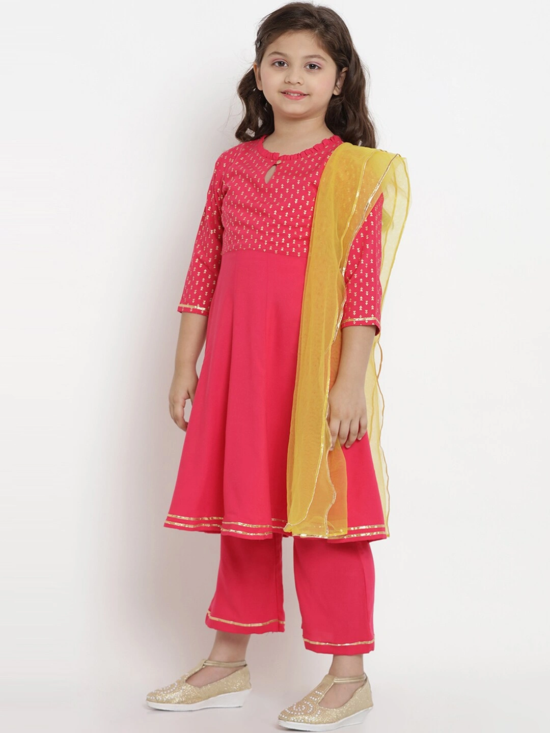 Bitiya by Bhama Girls Fuchsia Pink &amp; Yellow Printed Kurta with Palazzos &amp; Dupatta-3-4Y-1