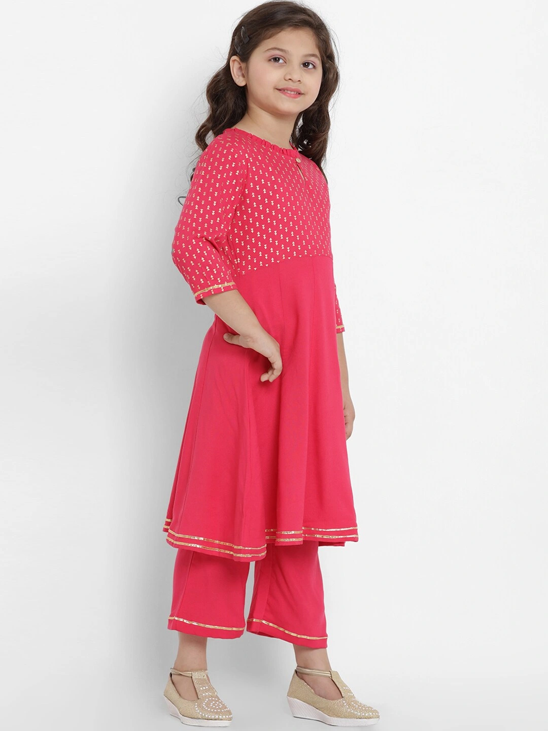 Bitiya by Bhama Girls Fuchsia Pink &amp; Yellow Printed Kurta with Palazzos &amp; Dupatta-3-4Y-2