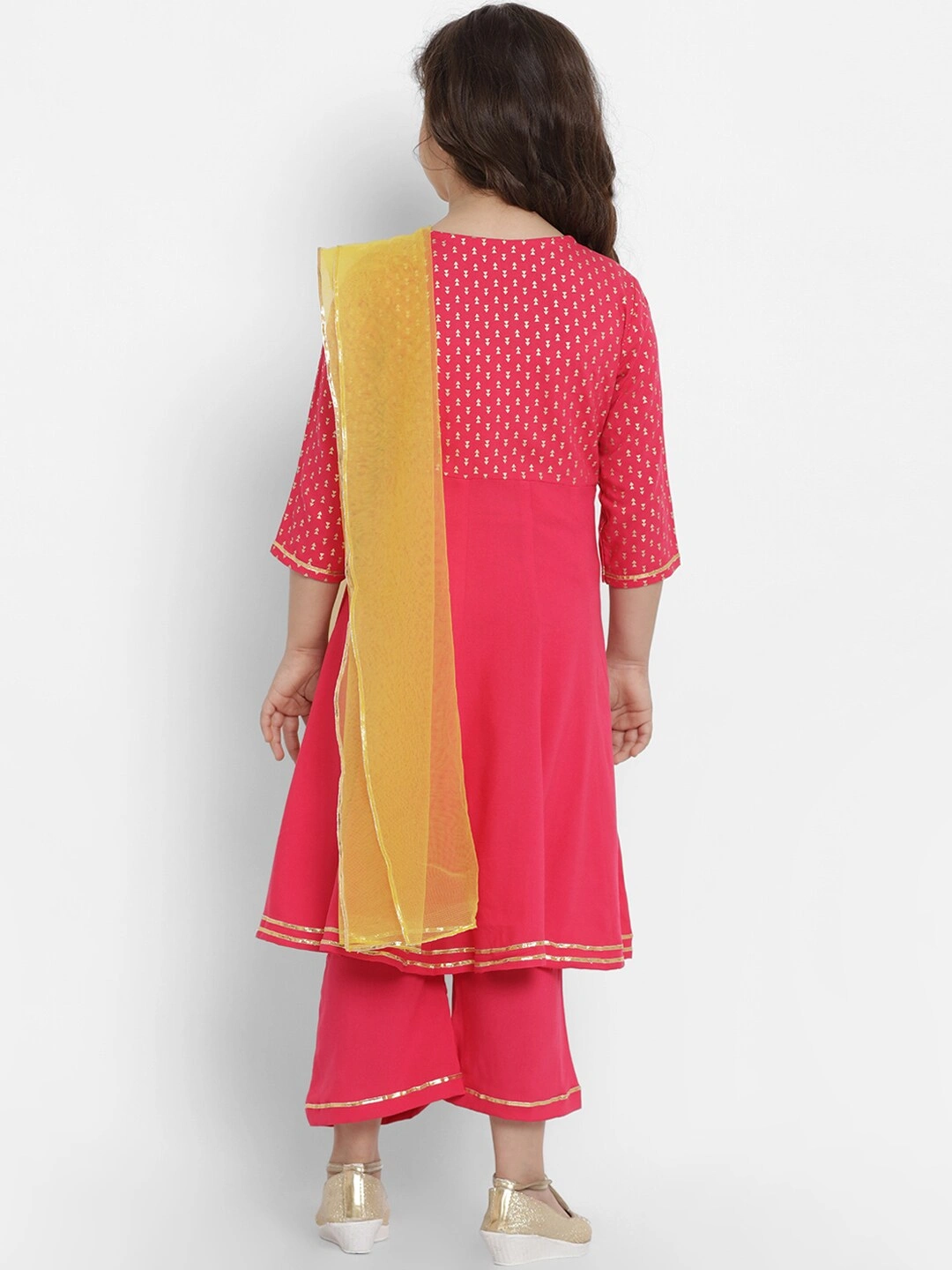 Bitiya by Bhama Girls Fuchsia Pink &amp; Yellow Printed Kurta with Palazzos &amp; Dupatta-3-4Y-3