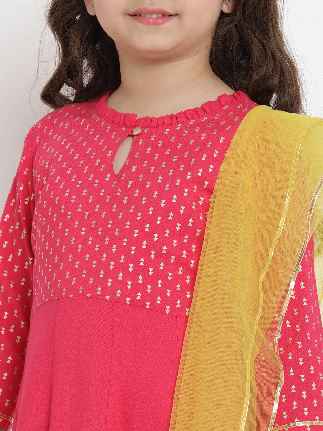 Bitiya by Bhama Girls Fuchsia Pink &amp; Yellow Printed Kurta with Palazzos &amp; Dupatta-3-4Y-4