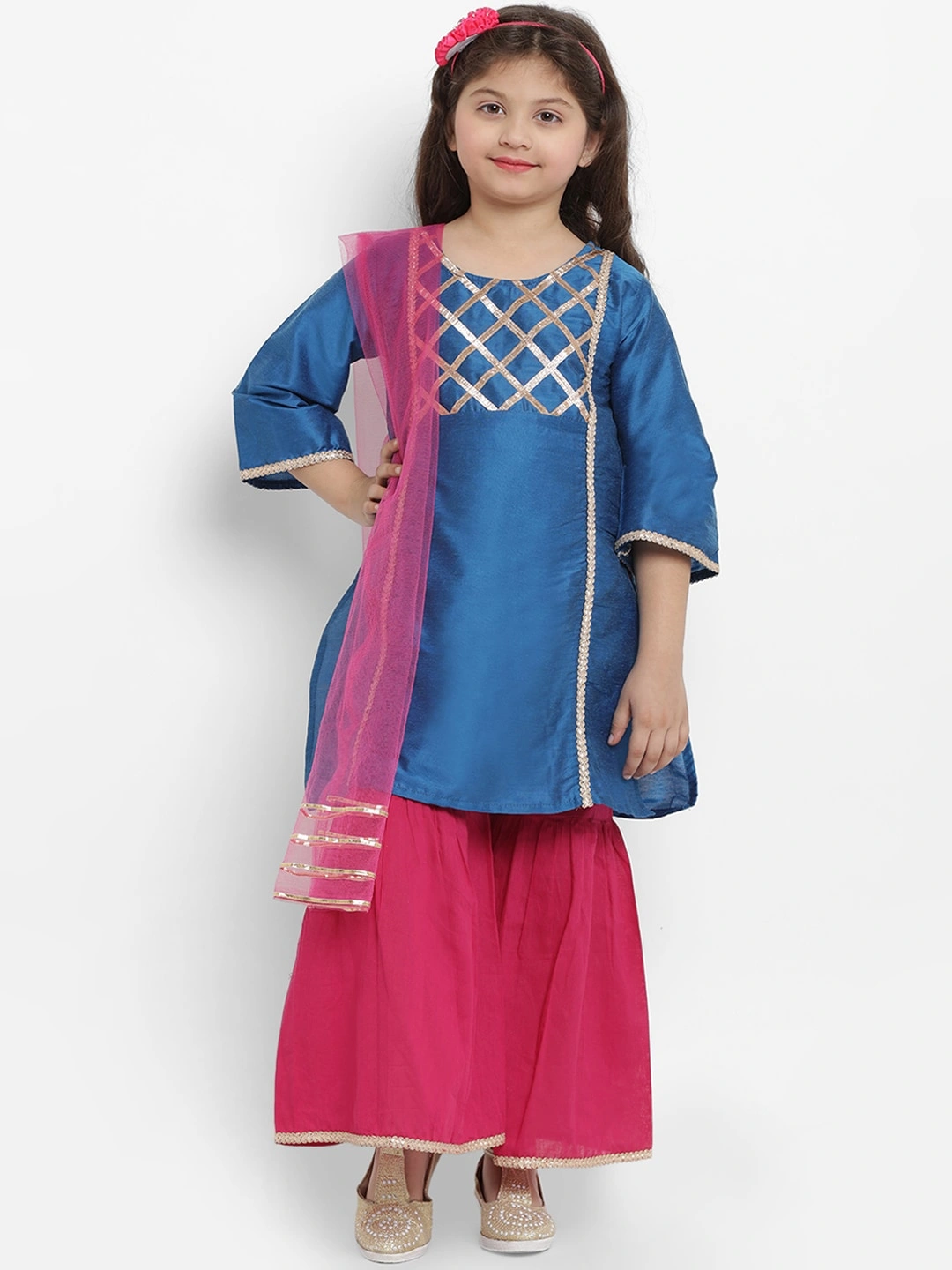 Bitiya by Bhama Girls Blue &amp; Fuchsia Solid Kurta with Palazzos-BBT185_3-4Y