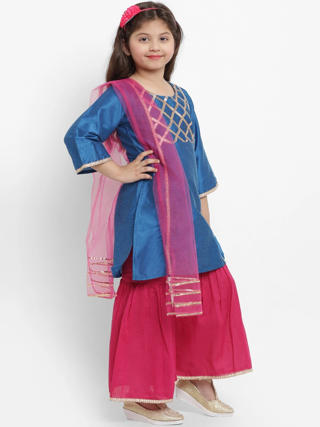 Bitiya by Bhama Girls Blue &amp; Fuchsia Solid Kurta with Palazzos-3-4Y-1