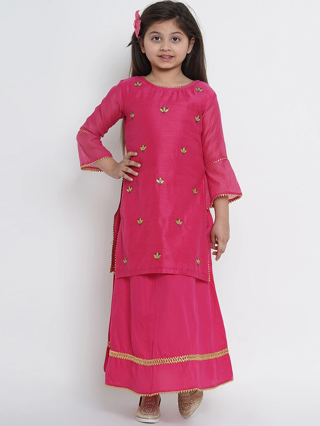 Bitiya by Bhama Girls Pink Embroidered Kurta with Skirt-BBT188_3-4Y