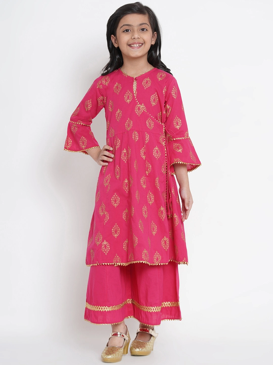 Bitiya by Bhama Girls Fuchsia Pink &amp; Gold-Coloured Printed Kurta with Palazzos-BBT195_3-4Y