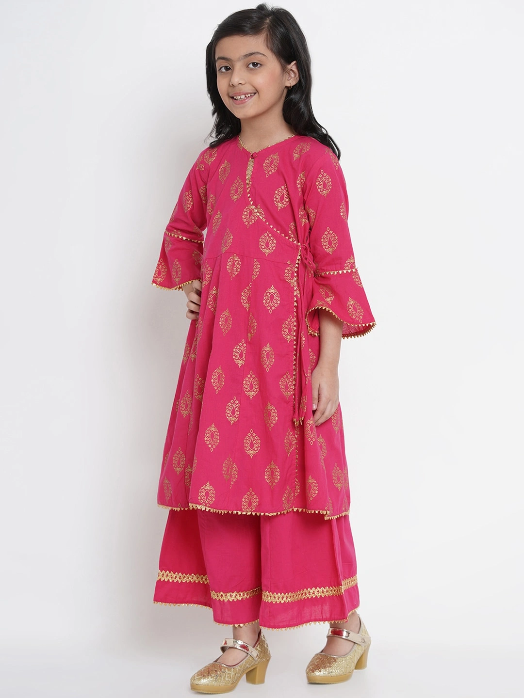 Bitiya by Bhama Girls Fuchsia Pink &amp; Gold-Coloured Printed Kurta with Palazzos-3-4Y-1