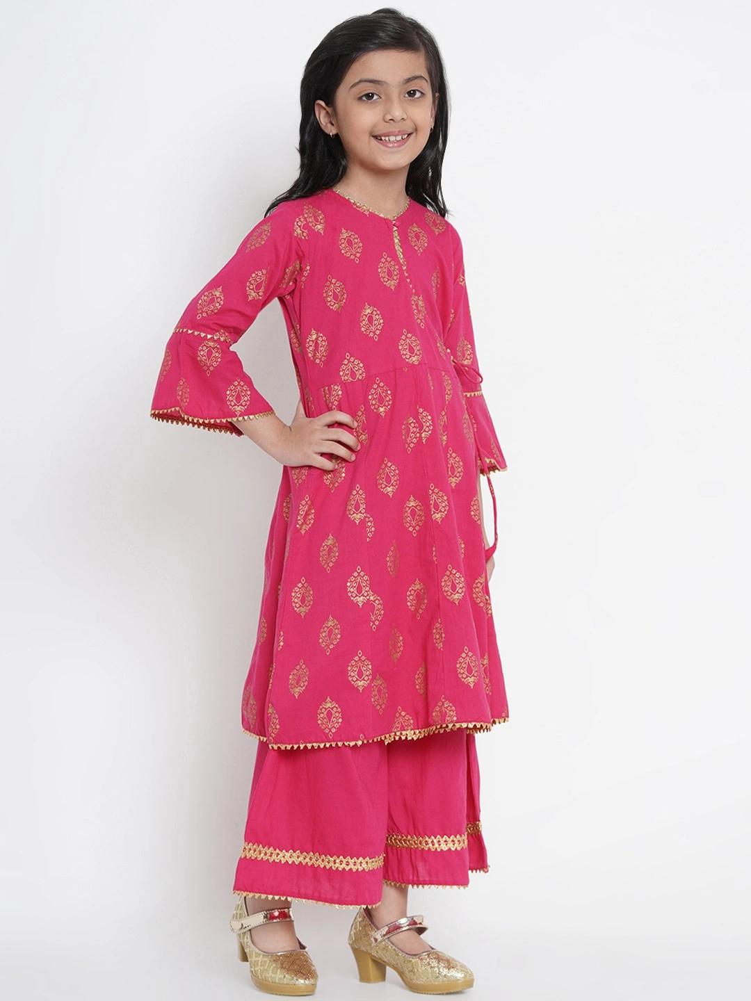 Bitiya by Bhama Girls Fuchsia Pink &amp; Gold-Coloured Printed Kurta with Palazzos-3-4Y-2