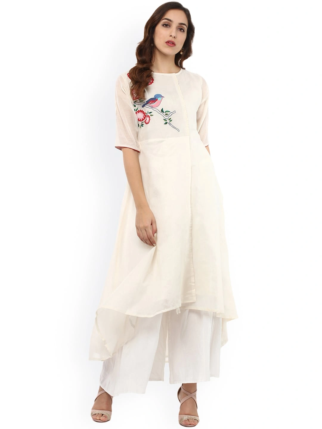 Bhama Couture Women Cream-Coloured &amp; White Embroidered Kurta with Palazzos-BCC037_L