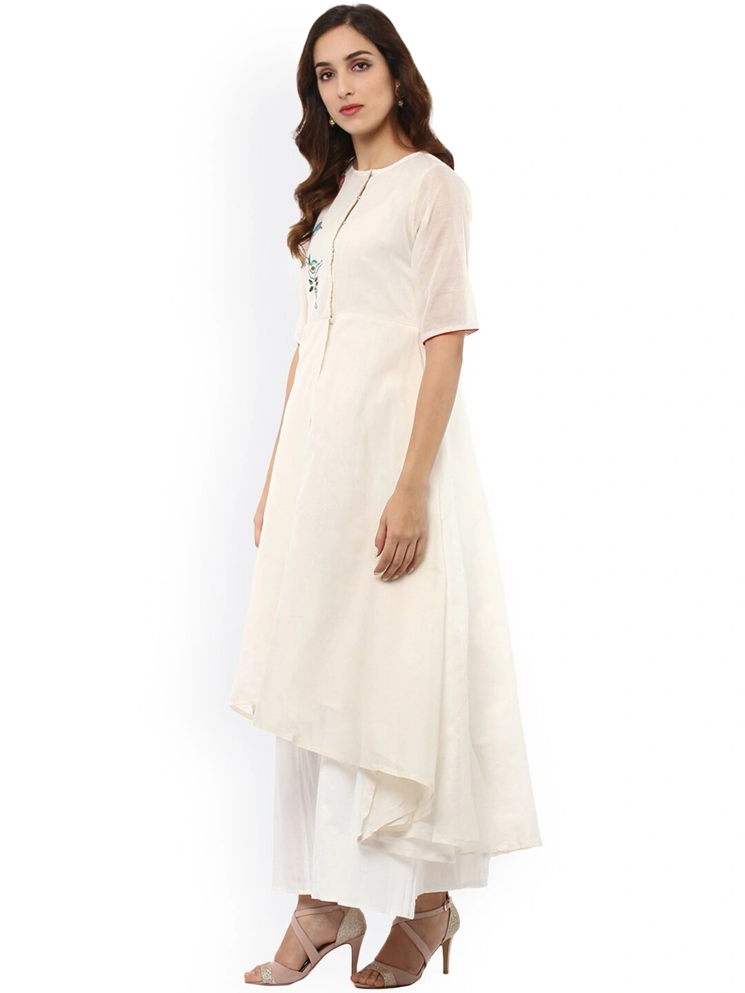 Bhama Couture Women Cream-Coloured &amp; White Embroidered Kurta with Palazzos-L-1