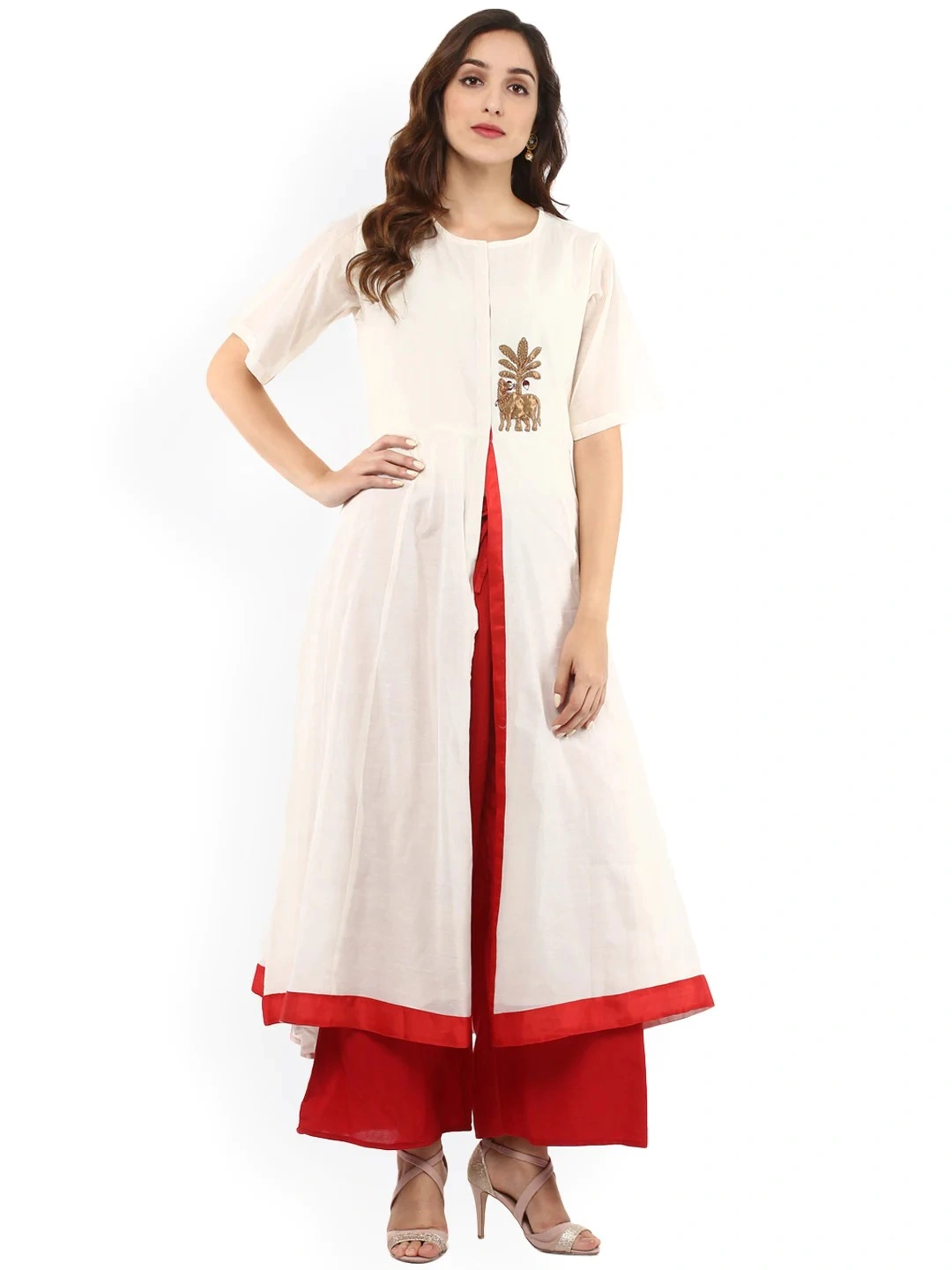 Bhama Couture Women Cream-Coloured &amp; Red Embroidered Kurta with Palazzos-BCC043_L