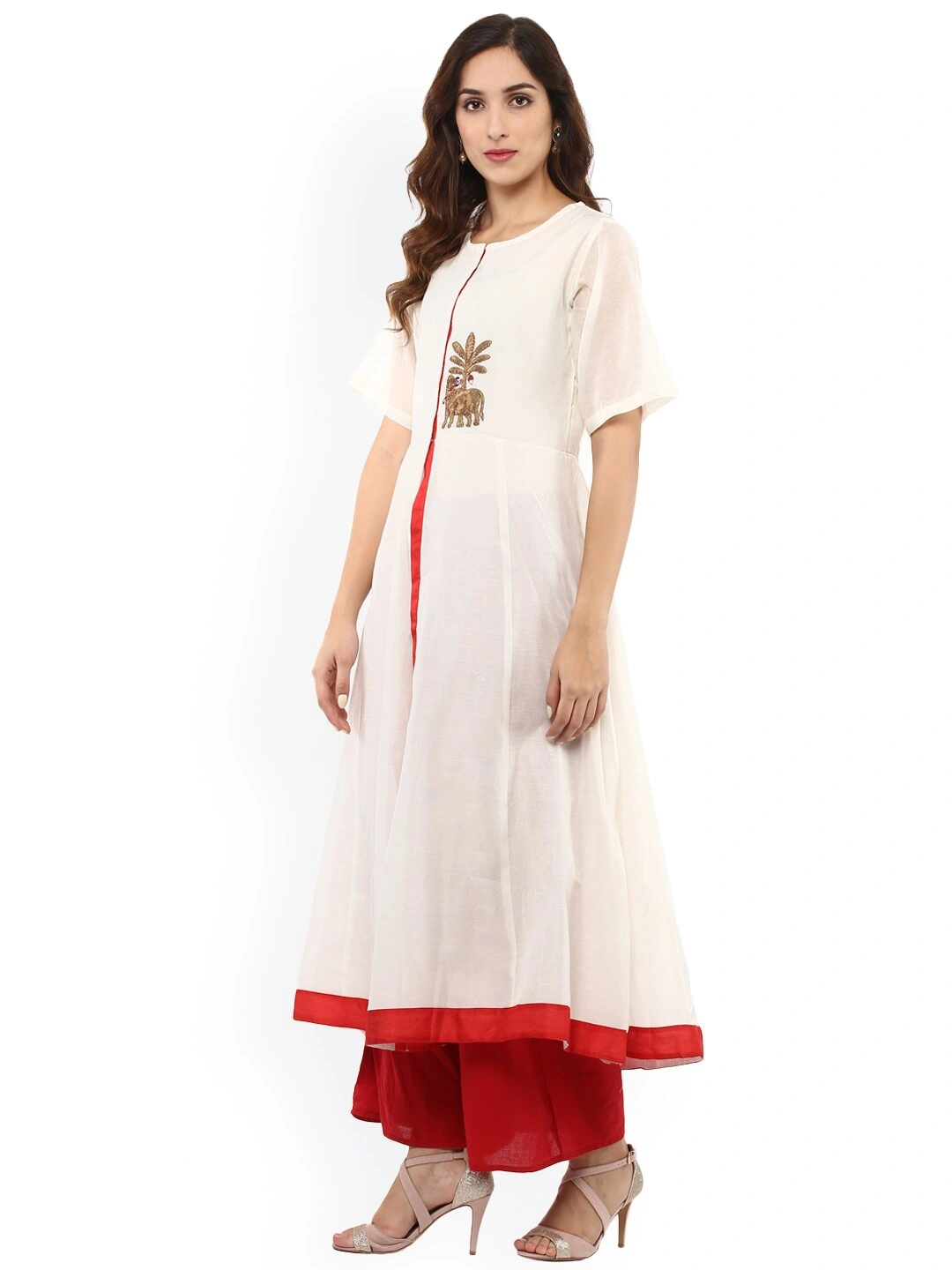 Bhama Couture Women Cream-Coloured &amp; Red Embroidered Kurta with Palazzos-L-1