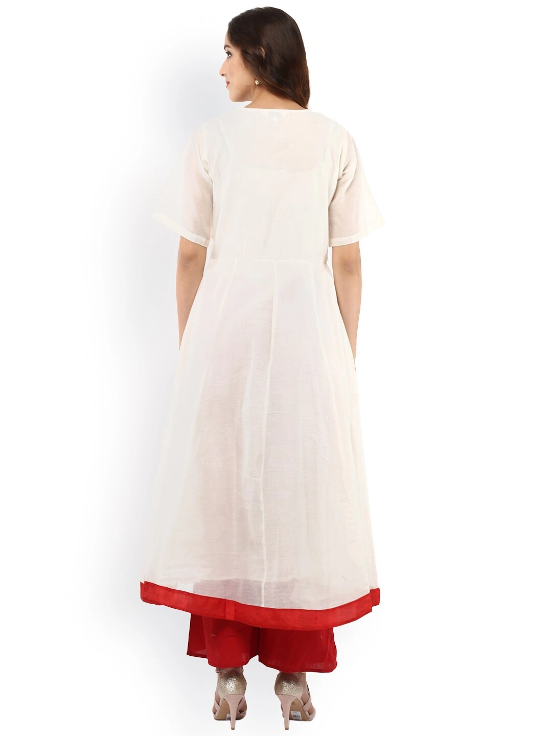 Bhama Couture Women Cream-Coloured &amp; Red Embroidered Kurta with Palazzos-L-2