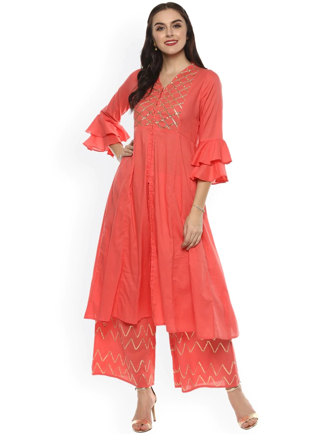 Bhama Couture Women Pink Yoke Design Kurta with Palazzos-BHKS002_L